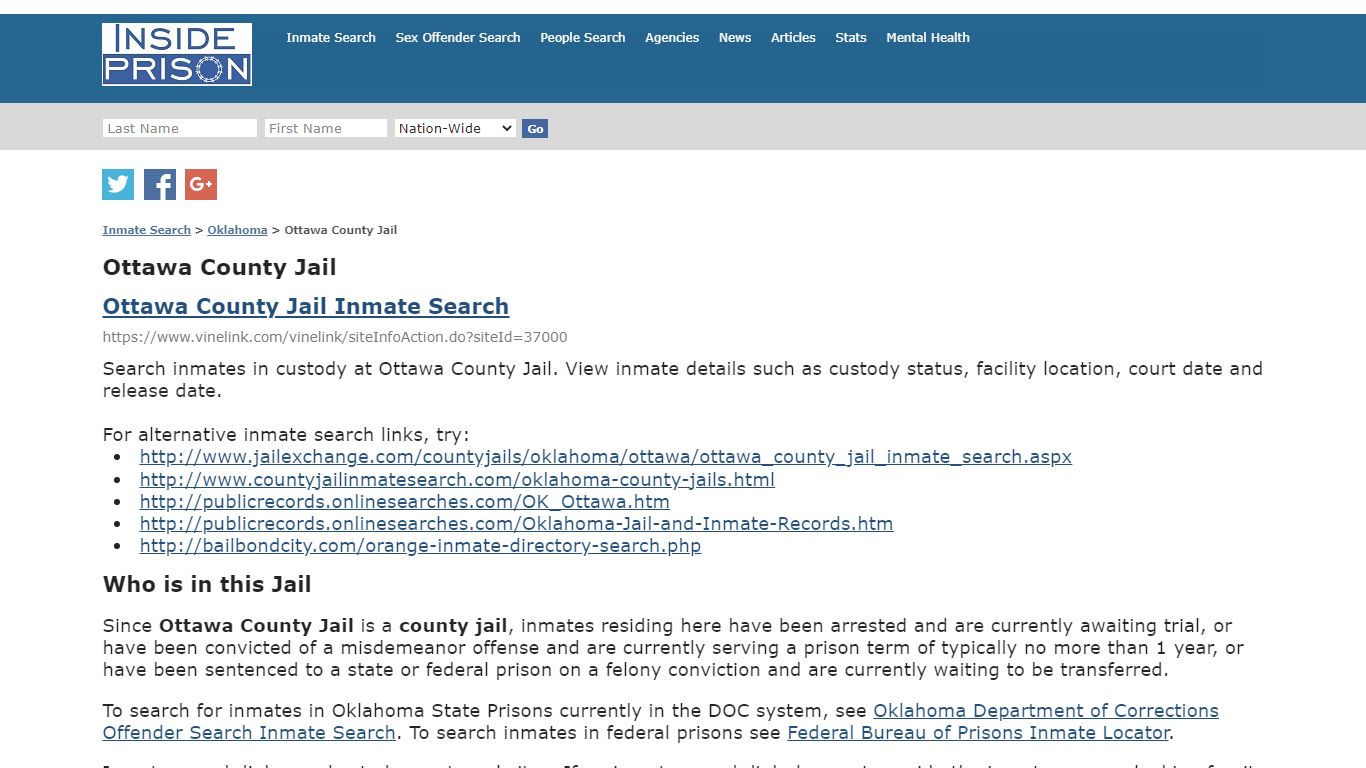 Ottawa County Jail - Oklahoma - Inmate Search - Inside Prison